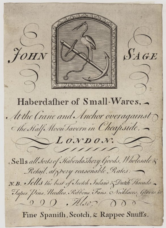 Tuhafiyeler, John Sage, ticari kart by English School