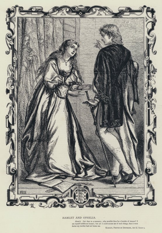 Hamlet ve Ophelia, Hamlet, Danimarka Prensi, Act iii, Sahne 1 (gravür) by English School