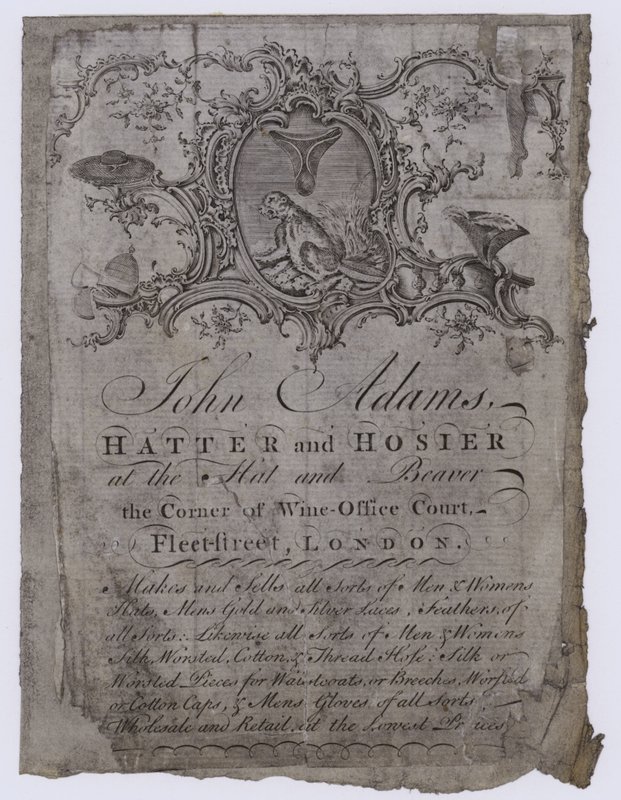 Şapkacılar, John Adams, ticaret kartı by English School