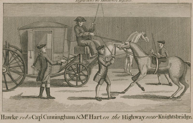 Hawke, Knightsbridge yakınlarındaki otoyolda Kaptan Cunningham ve Bay Hart