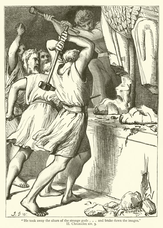 "Garip tanrıların sunaklarını kaldırdı... ve görüntüleri frenledi", II, Chronicles, xiv, 3 (gravür) by English School