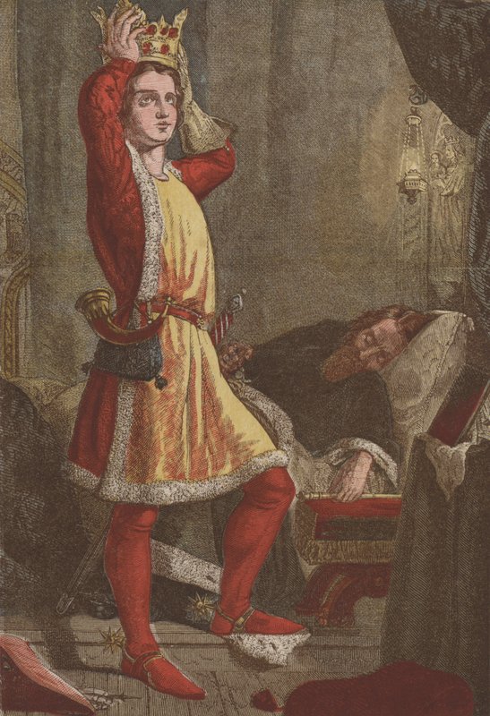 Henry, Galler Prensi, gelecekteki Kral Henry V, babasının tacını deniyor (chromolitho) by English School
