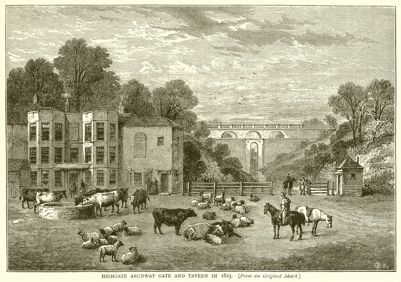 1825 yılında Highgate Archway Kapısı ve Taverna by English School