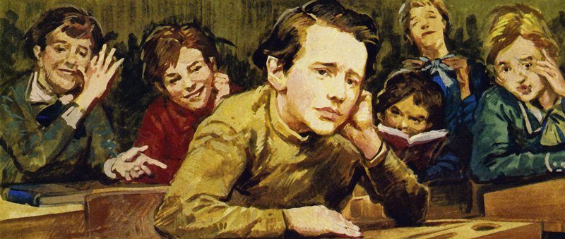 Öğrenci arkadaşları, basit, ev yapımı kıyafetlerine gülerek Çaykovski
