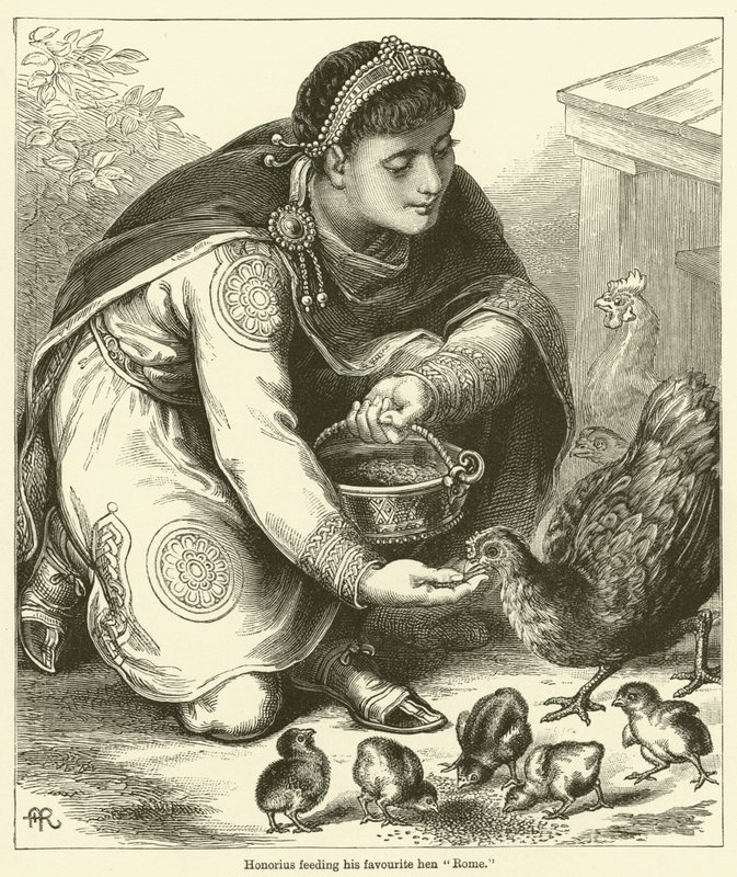 Honorius en sevdiği tavuğu besliyor "Roma" (gravür) by English School