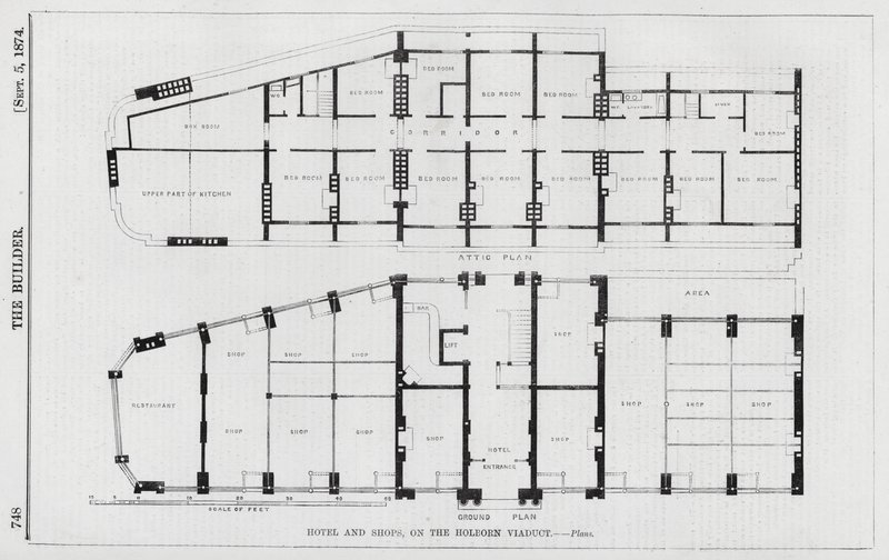 Otel ve Dükkanlar, Holborn Viyadüğü üzerinde (gravür) by English School