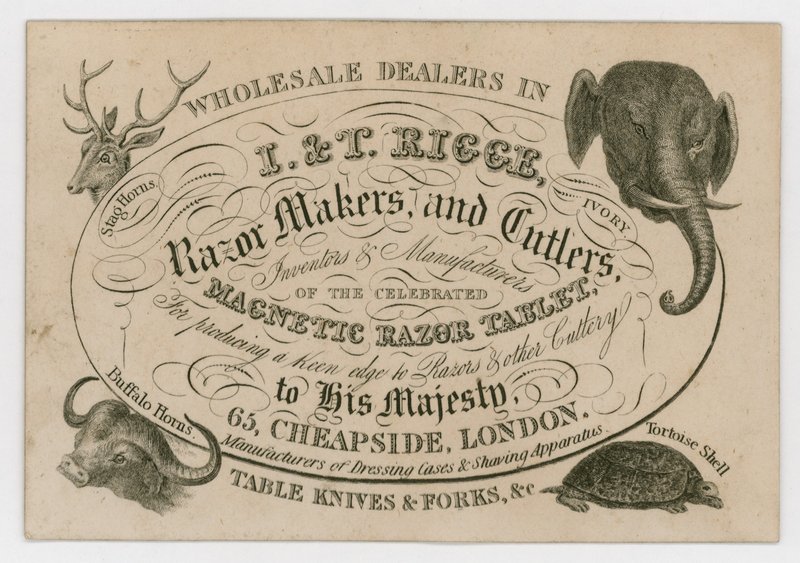 I & T Rigge, Razor Makers and Cutlers, ticari kart by English School