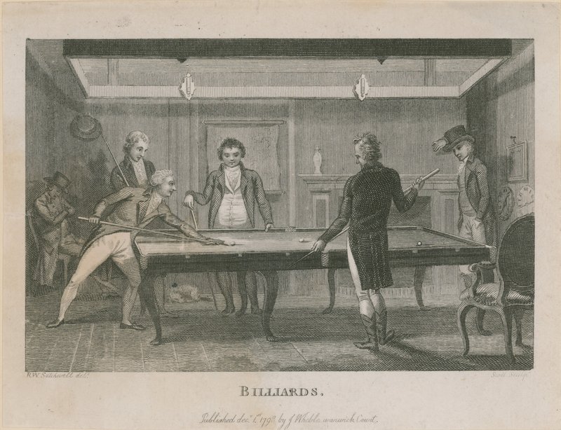 Bilardo oynayan bir grup erkeği gösteren çizim by English School
