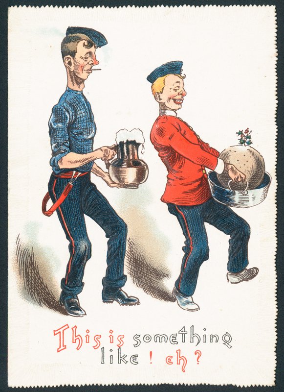 Erik pudingi ve içecek taşıyan sarhoş beyler (mizahi), Noel kartı by English School