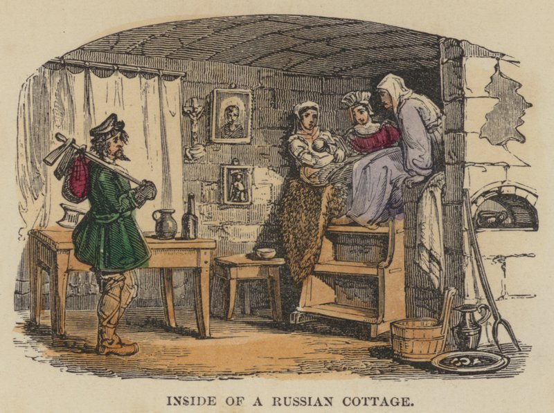 Bir Rus Kulübesinin İçi (renkli gravür) by English School