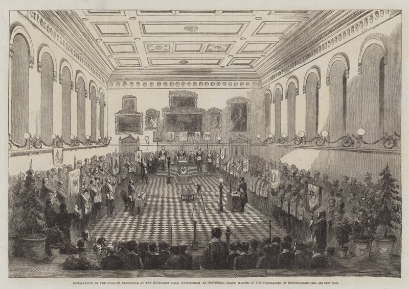Nottinghamshire Masonlarının Eyalet Büyük Üstadı olarak Nottingham Mekanik Salonunda Newcastle Dükü Kurulumu (gravür) by English School
