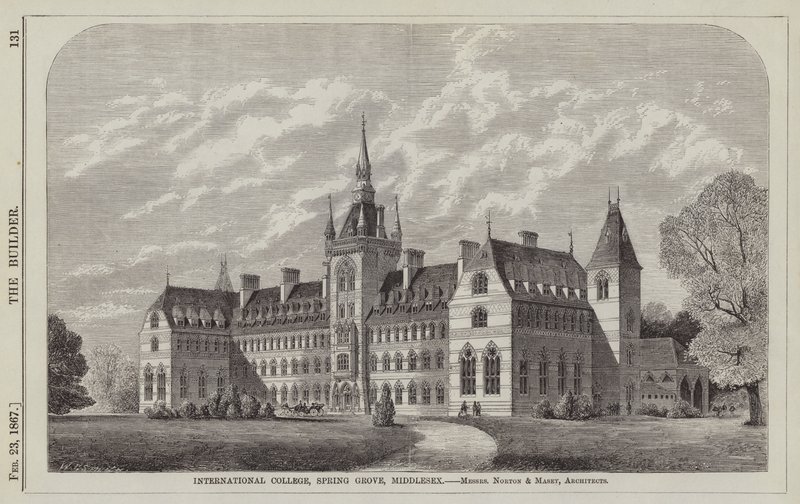 International College, Spring Grove, Middlesex, Messrs Norton ve Masey, Mimarlar (gravür) by English School