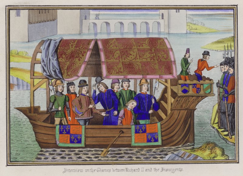Kral II. Richard ve İsyancılar arasındaki Thames üzerine söyleşi (renkli gravür) by English School