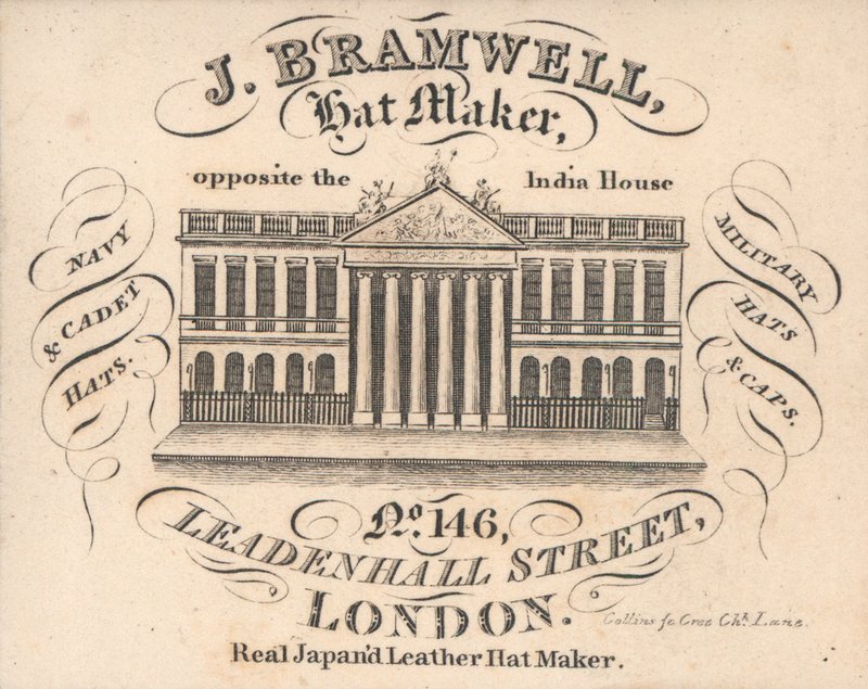 J Branwell, şapka üreticisi, 146 Leadenhall Caddesi, ticaret kartı by English School
