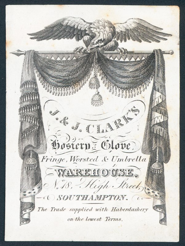 J & J Clarks, çorap, eldiven, saçak, kamgarn ve şemsiye deposu, ticari kart by English School