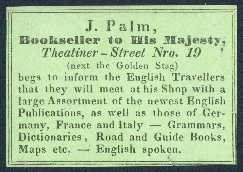 J Palm, Majestelerine Kitapçı, ticaret kartı by English School
