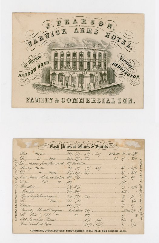 J Pearson, Warwick Arms Hotel, ticaret kartı (ön ve arka) by English School