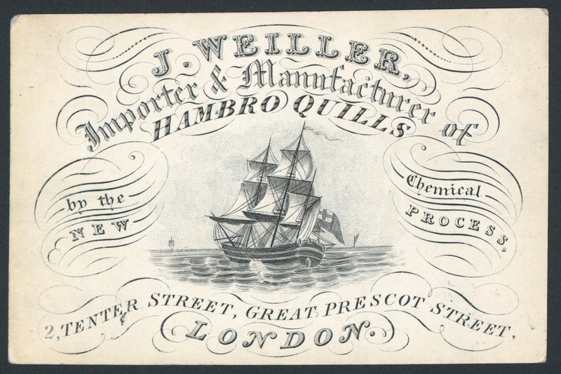 J Weiller, Hambro Quills, 2 Tenter Street, ticari kart ithalatçısı ve üreticisi by English School