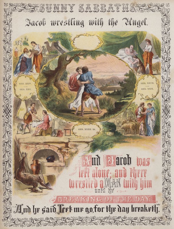 Yakup melekle güreşiyor (renkli gravür) by English School