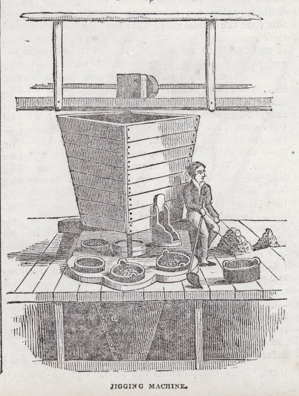 Jig makinesi, Cornish bakır madeni (gravür) by English School