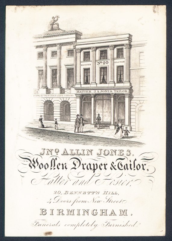 John Allin Jones, yünlü kumaşçı ve terzi, şapkacı ve çorap, ticari kart by English School