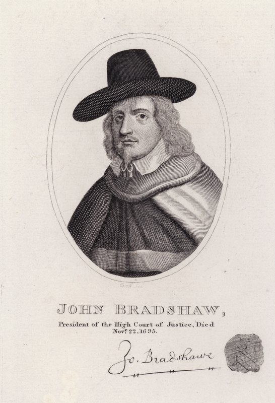 John Bradshaw, 1649'da Kral I. Charles'ın yargılanması için Yüksek Adalet Divanı Başkanı olan İngiliz yargıç (gravür) by English School