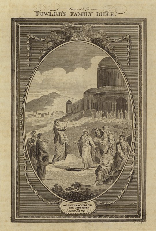 Jonah Ninevelilere vaaz veriyor, Jonah, Bölüm 3, Ayet 4 (gravür) by English School