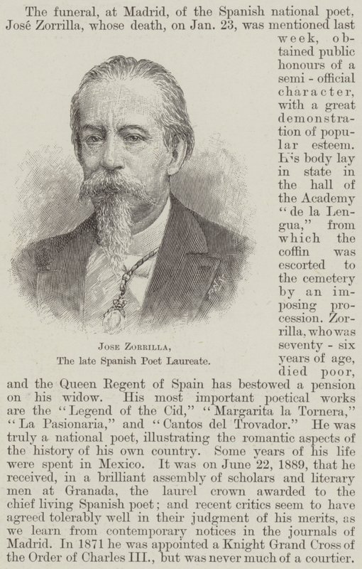 Jose Zorrilla, geç İspanyol şair ödüllü (gravür) by English School