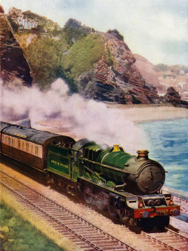 King Charles II, Great Western Railway (GWR) King sınıfı 4-6-0 buharlı lokomotif, Cornish Riviera ekspresini Dawlish ve Teignmouth, Devon arasındaki kıyı boyunca çekiyor (renkli lito) by English School