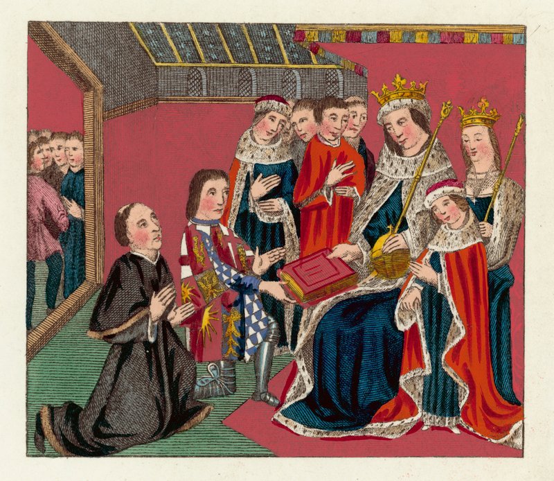 Kral Edward IV, Kraliçesi ve oğlu (renkli gravür) by English School