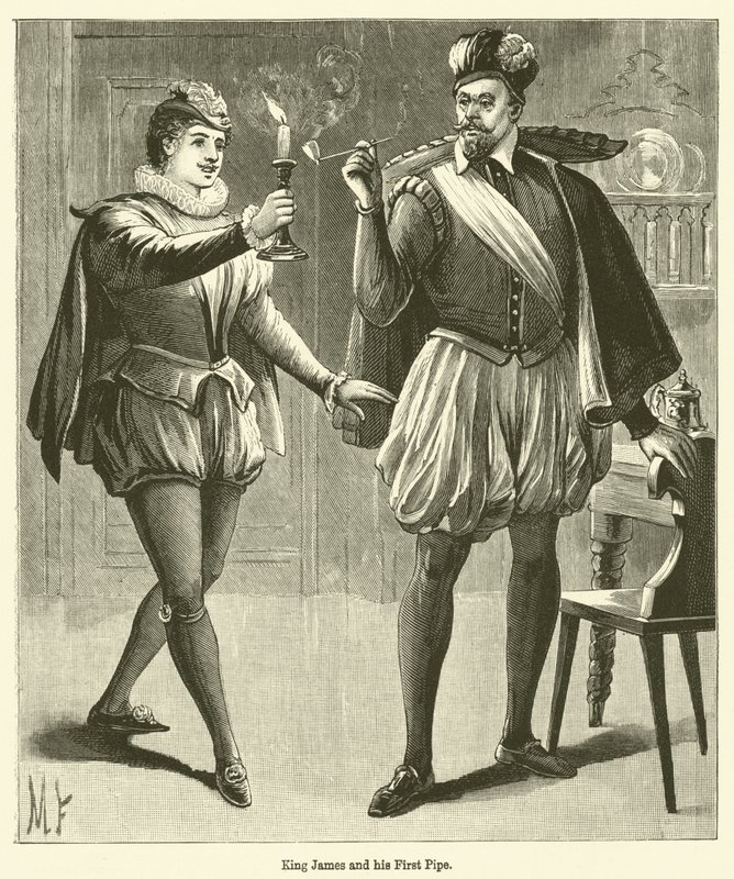 Kral James ve İlk Piposu (gravür) by English School