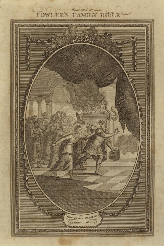 Kral Uzziah kovuldu, 2 Tarihler, Bölüm 26, Ayet 20 (gravür) by English School