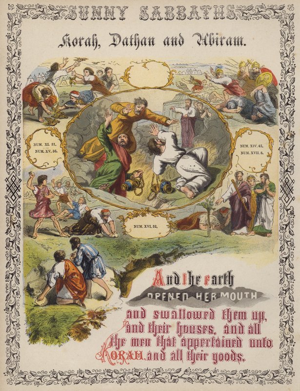 Korah, Datan ve Abiram (renkli gravür) by English School