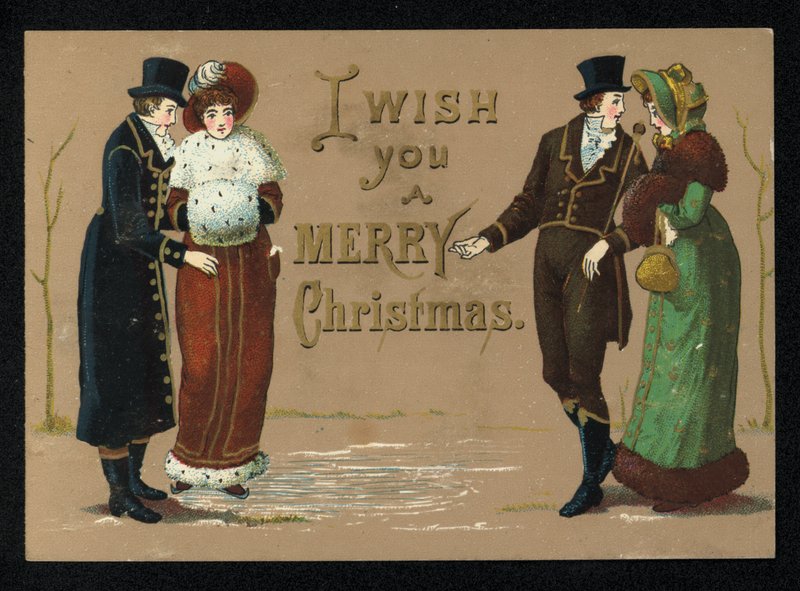 Bayanlar ve baylar kış giysileri içinde, Noel tebrik kartı. (kromolito) by English School