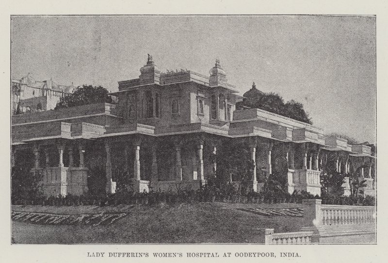 Lady Dufferin Kadın Hastanesi, Oodeypoor, Hindistan (gravür) by English School
