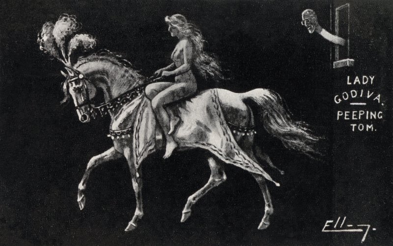Leydi Godiva, Coventry sokaklarında at sırtında çıplak biniyor, bir Gözetleme Tom (lito) tarafından izleniyor by English School