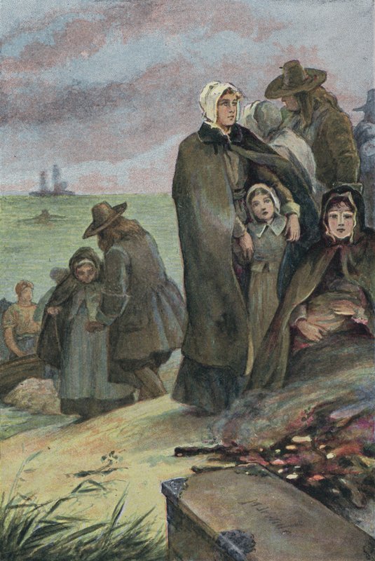 Hacı Babaların Mayflower gemisiyle yaptıkları yolculuktan sonra Amerika'ya inişleri, 1620 by English School