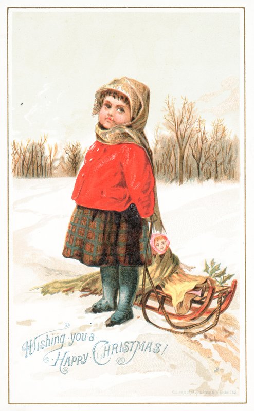 Bir kızağın yanında duran küçük kız, Noel kartı by English School