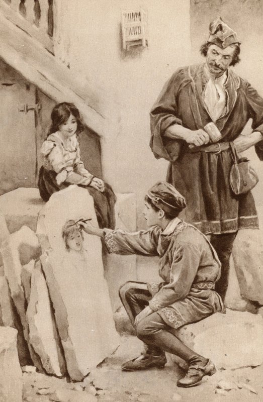 Küçük Michael Angelo bir portre çiziyor (renkli taş) by English School
