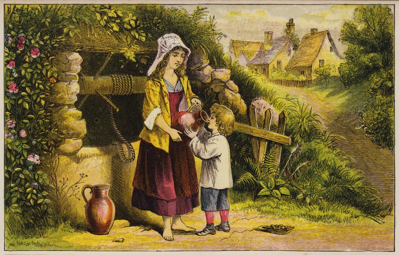 Küçük çocuk bir kuyudan su içiyor (renkli gravür) by English School