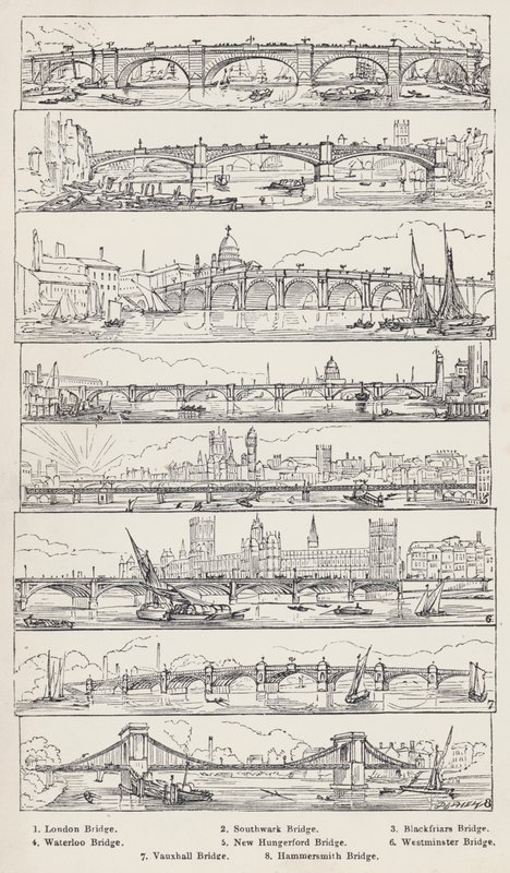 London Bridge, Southwark Bridge, Blackfriars Bridge, Waterloo Bridge, New Hungerford Bridge, Westminster Bridge, Vauxhall Bridge, Hammersmith Bridge (gravür) by English School