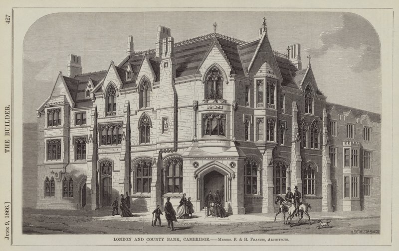 Londra ve İlçe Bankası, Cambridge, Messrs F ve H Francis, Mimarlar (gravür) by English School