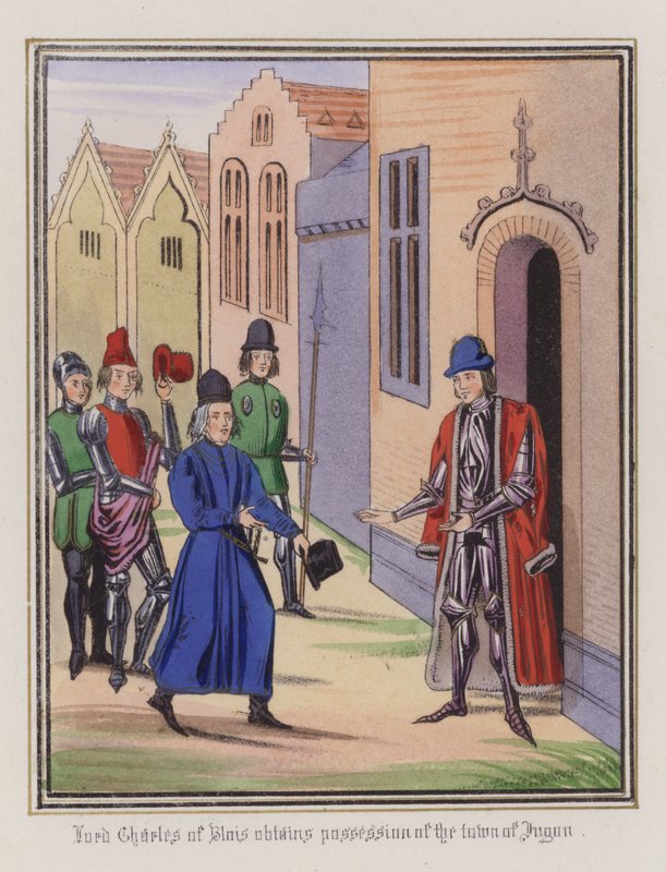Lord Charles Of Blois, Jugon kasabasını ele geçirdi (renkli gravür) by English School