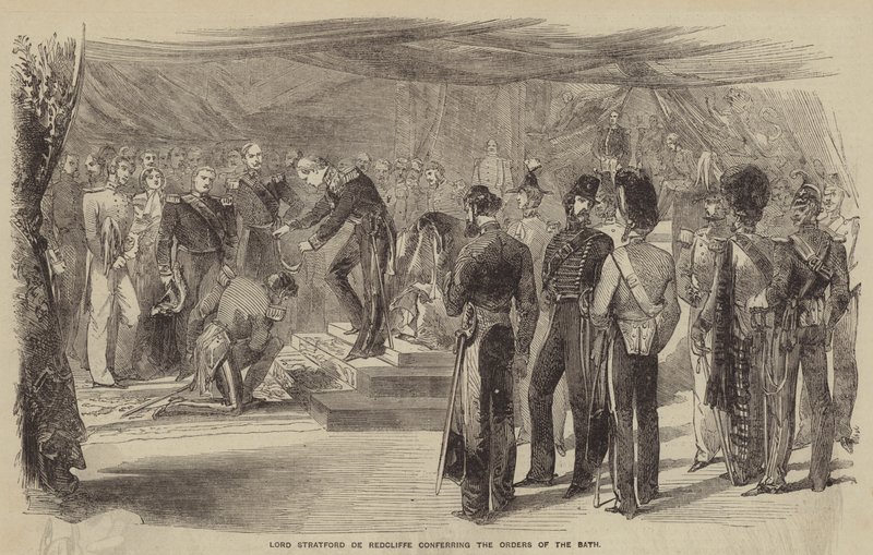 Lord Stratford de Redcliffe, Hamamın Emirlerini verirken (gravür) by English School