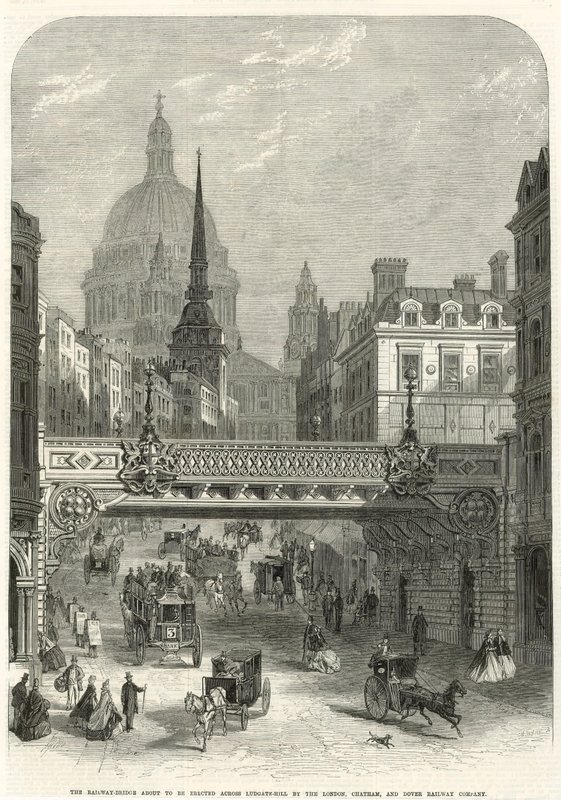 Ludgate Hill, Londra, Chatham ve Dover Demiryolu Şirketi tarafından inşa edilecek olan demiryolu köprüsü by English School