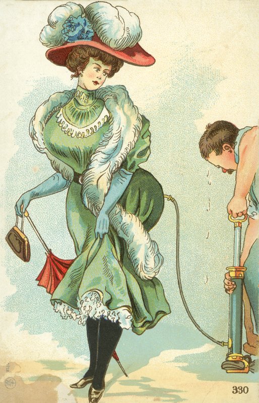 Edward döneminden kalma bir kadının eteğini pompayla şişiren adam (renkli litho) by English School