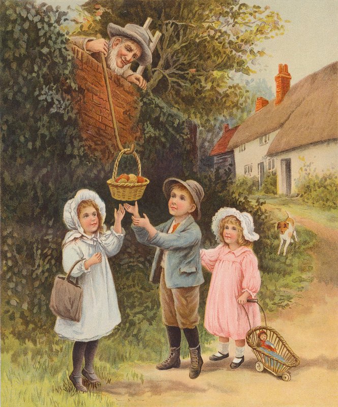 Meyve sepetini çocuklara indiren adam (chromolitho) by English School