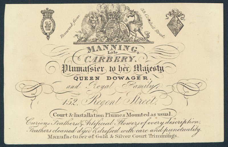 Manning, geç Carnery, plumassier, ticaret kartı by English School