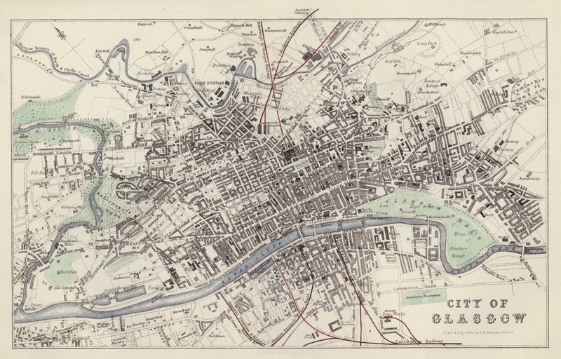 Harita: Glasgow Şehri, GH Swanston, Edinburgh tarafından çizilmiş ve oyulmuş (renkli taş) by English School