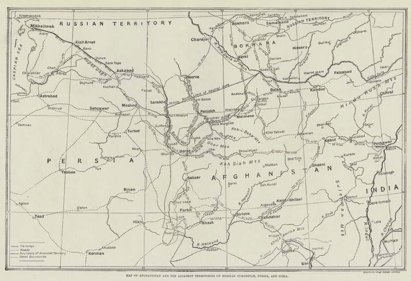 Afganistan Haritası ve Komşu Rusya Türkistan, İran ve Hindistan Toprakları by English School